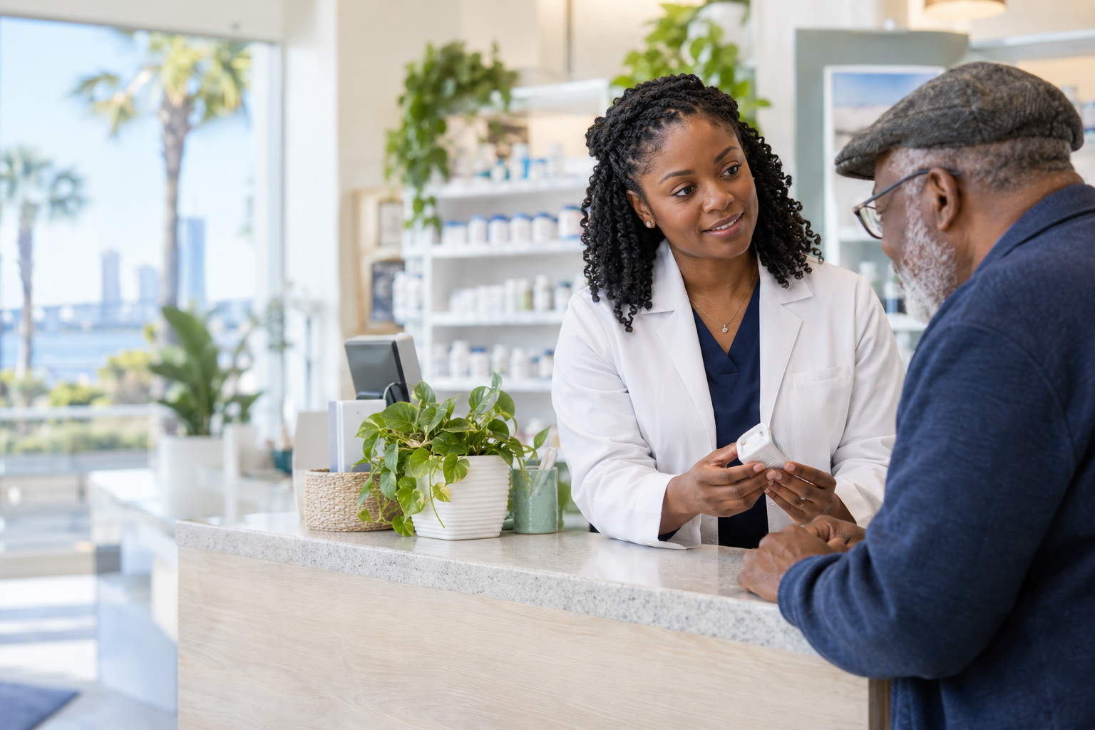 A pharmacist speaking with a patient at a neighborhood pharmacy